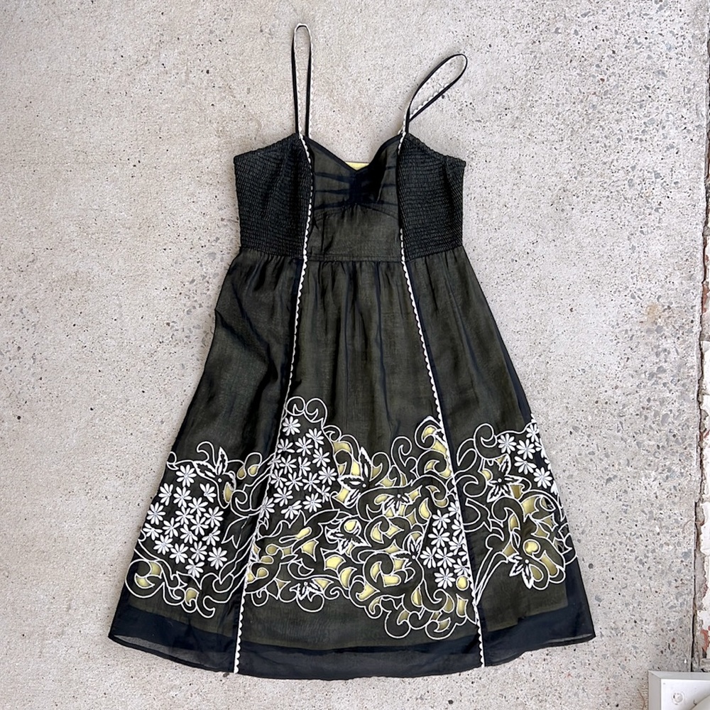 Black and Olive Floral Embroidered Spaghetti Strap Dress